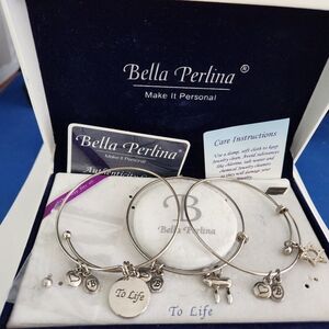 bella Perlina Silver Charm Bangle Bracelet Set with 'To Life' Pendant
